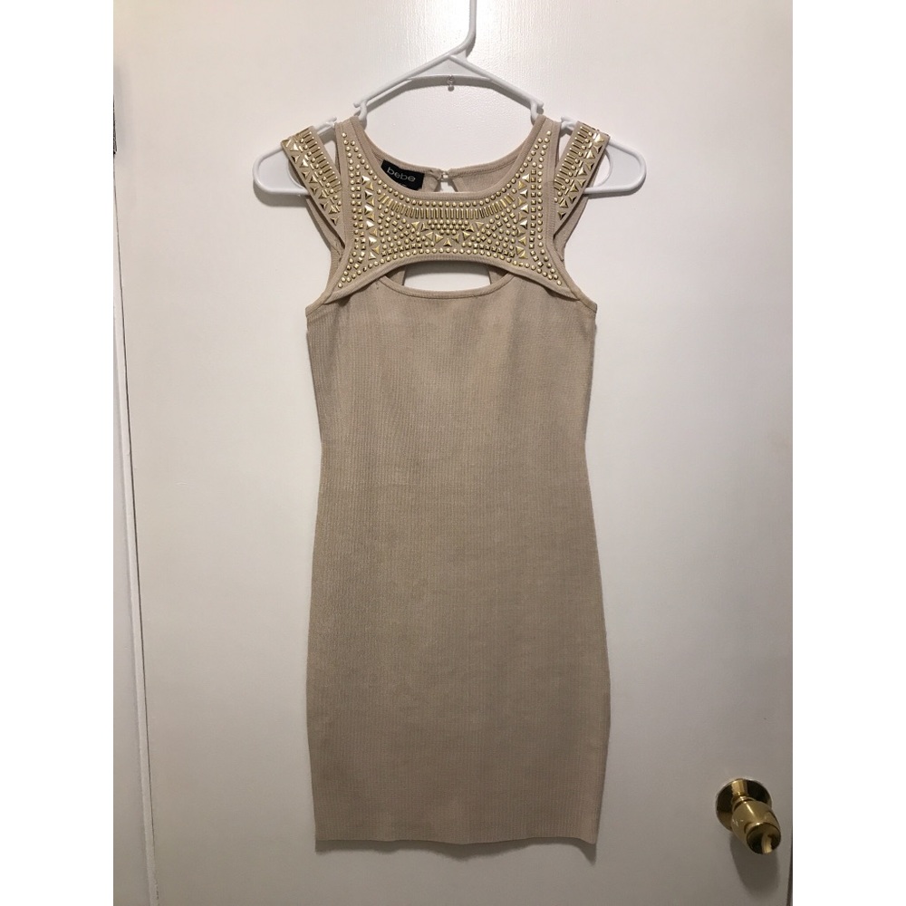 Formal beige Bebe sequined body-con dress